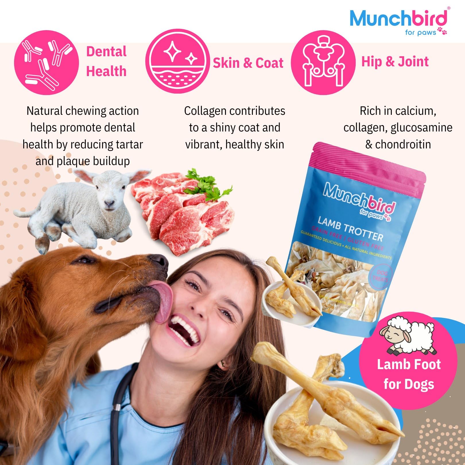 Munchbird Lamb Trotter packaging shot highlighting rawhide-free chews