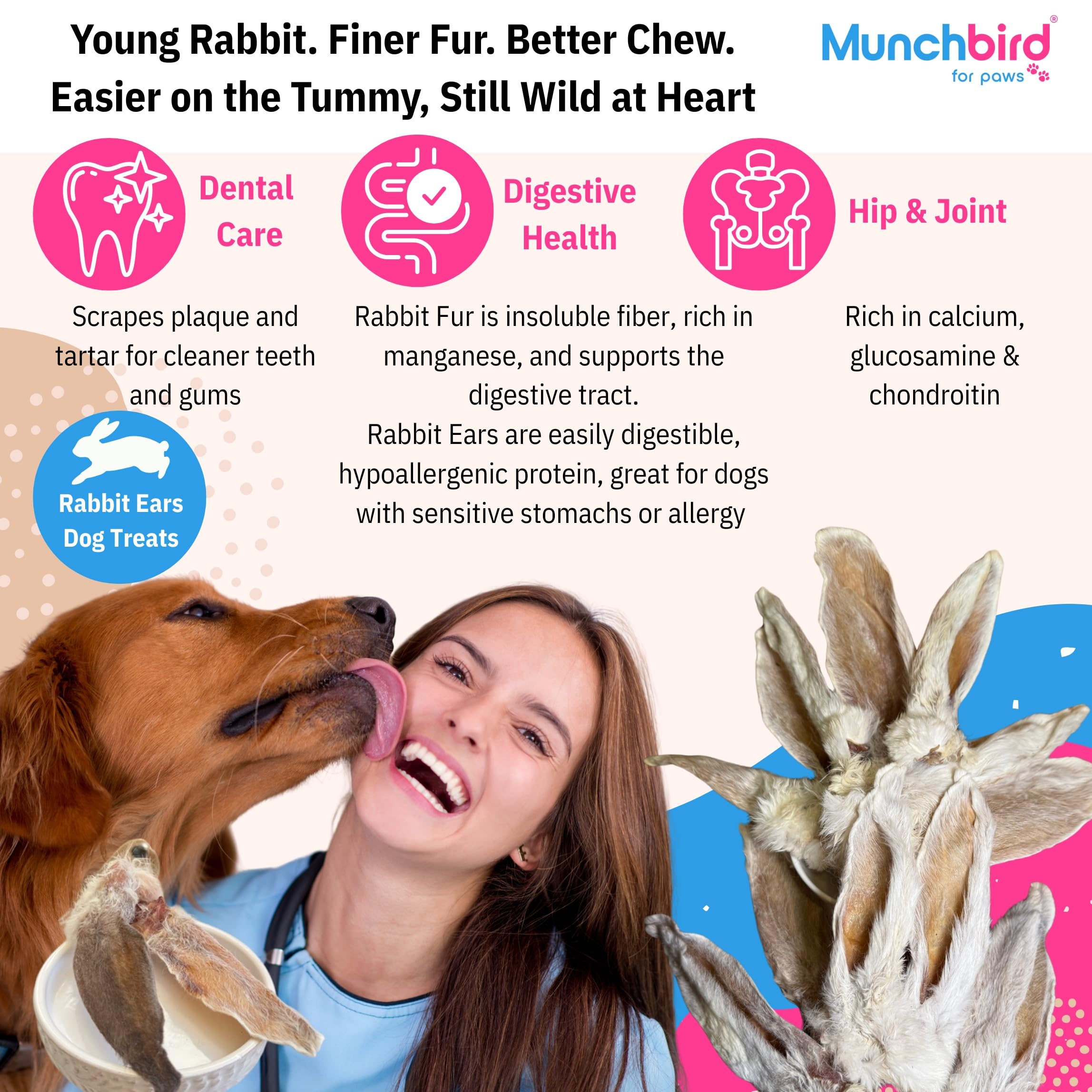 Munchbird rabbit ear with fur texture offering natural dental-like chewing action.