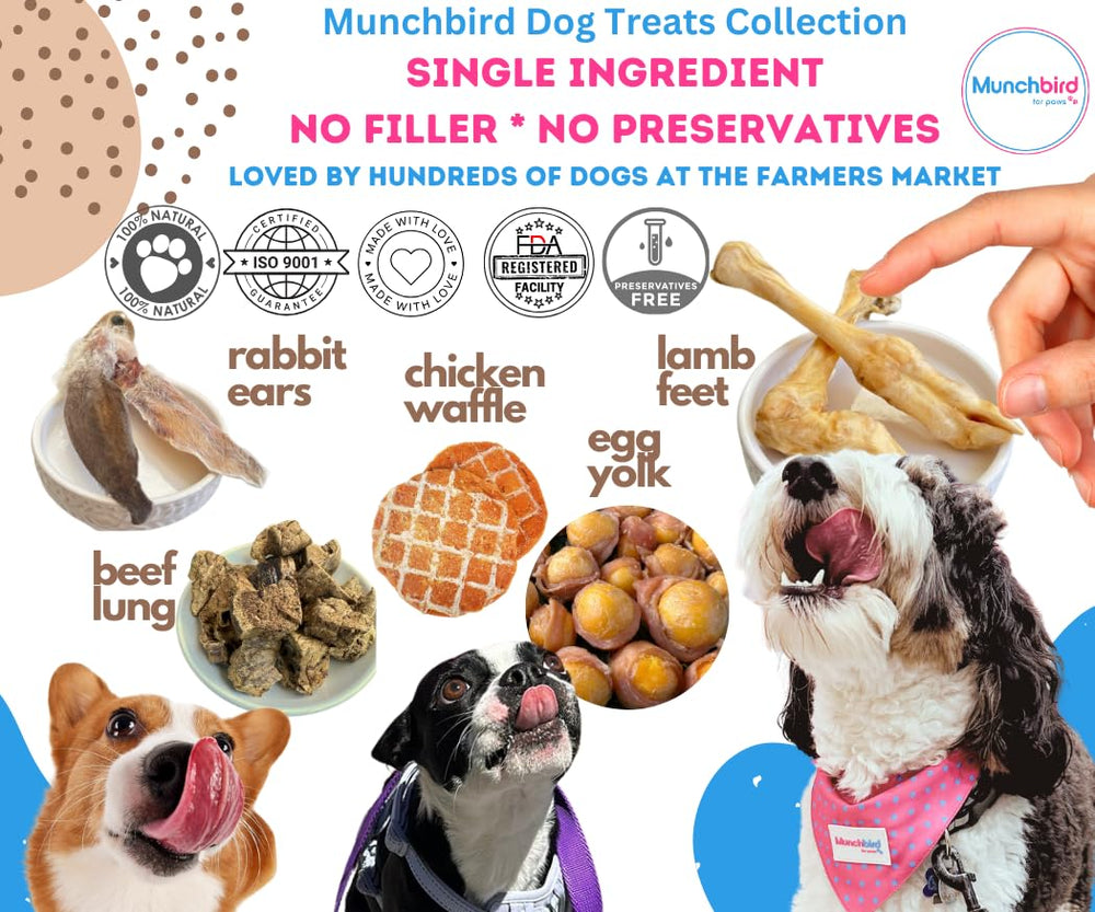 Premium-cut rabbit ear by Munchbird, finer fur and gentler digestion.