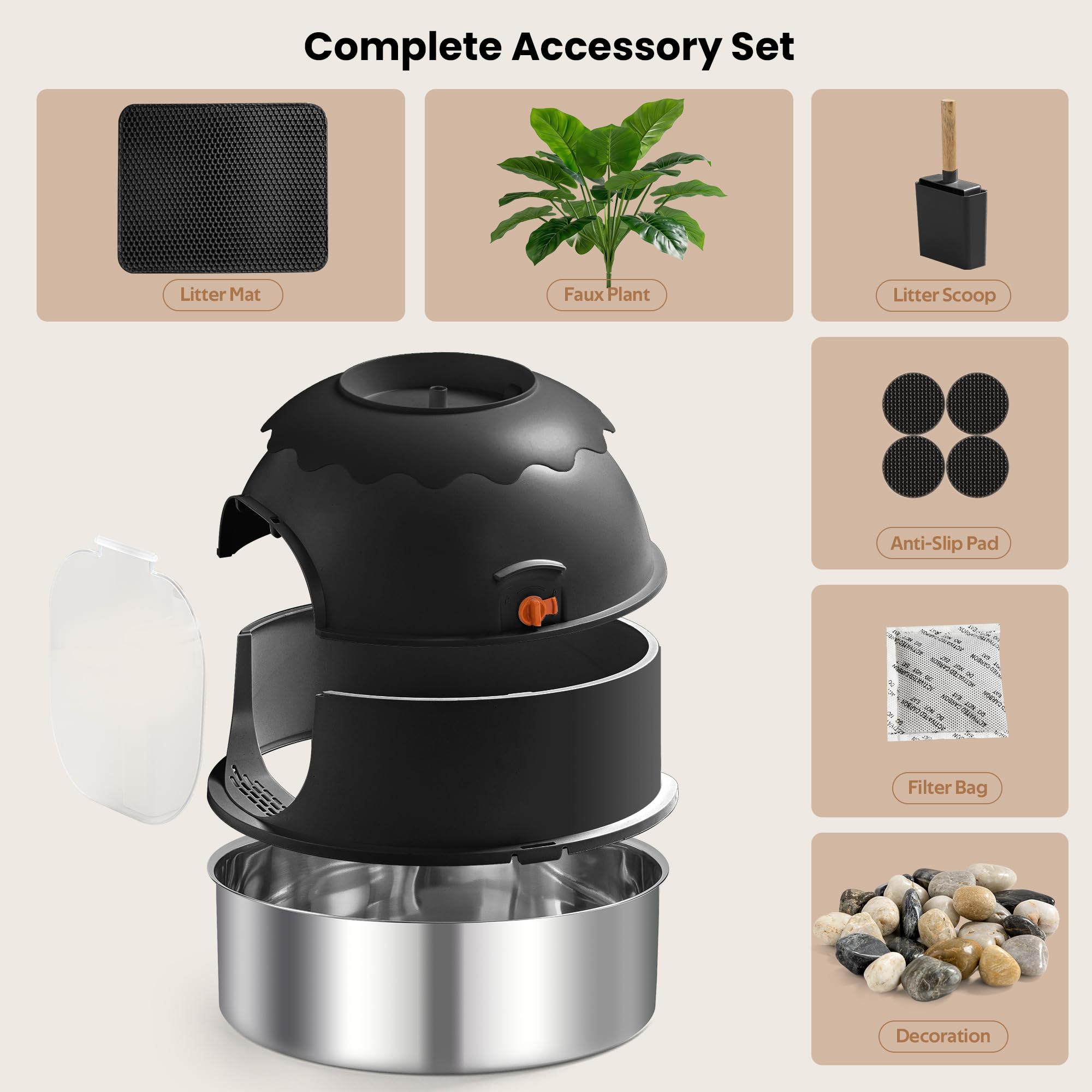 Includes scoop and litter mat for tidy, ready-to-use maintenance.
