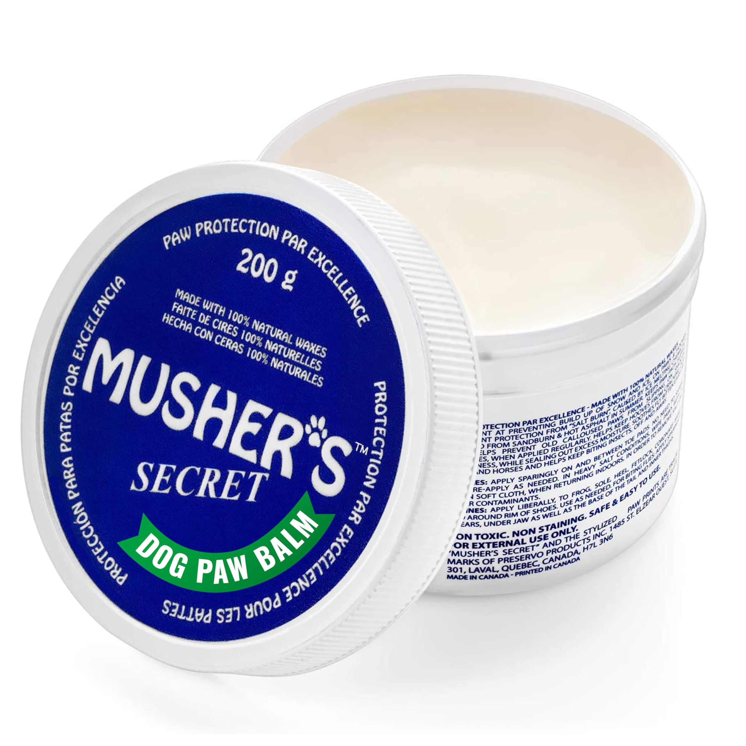 Musher's Secret 200g packshot showing natural paw wax for all-season protection.