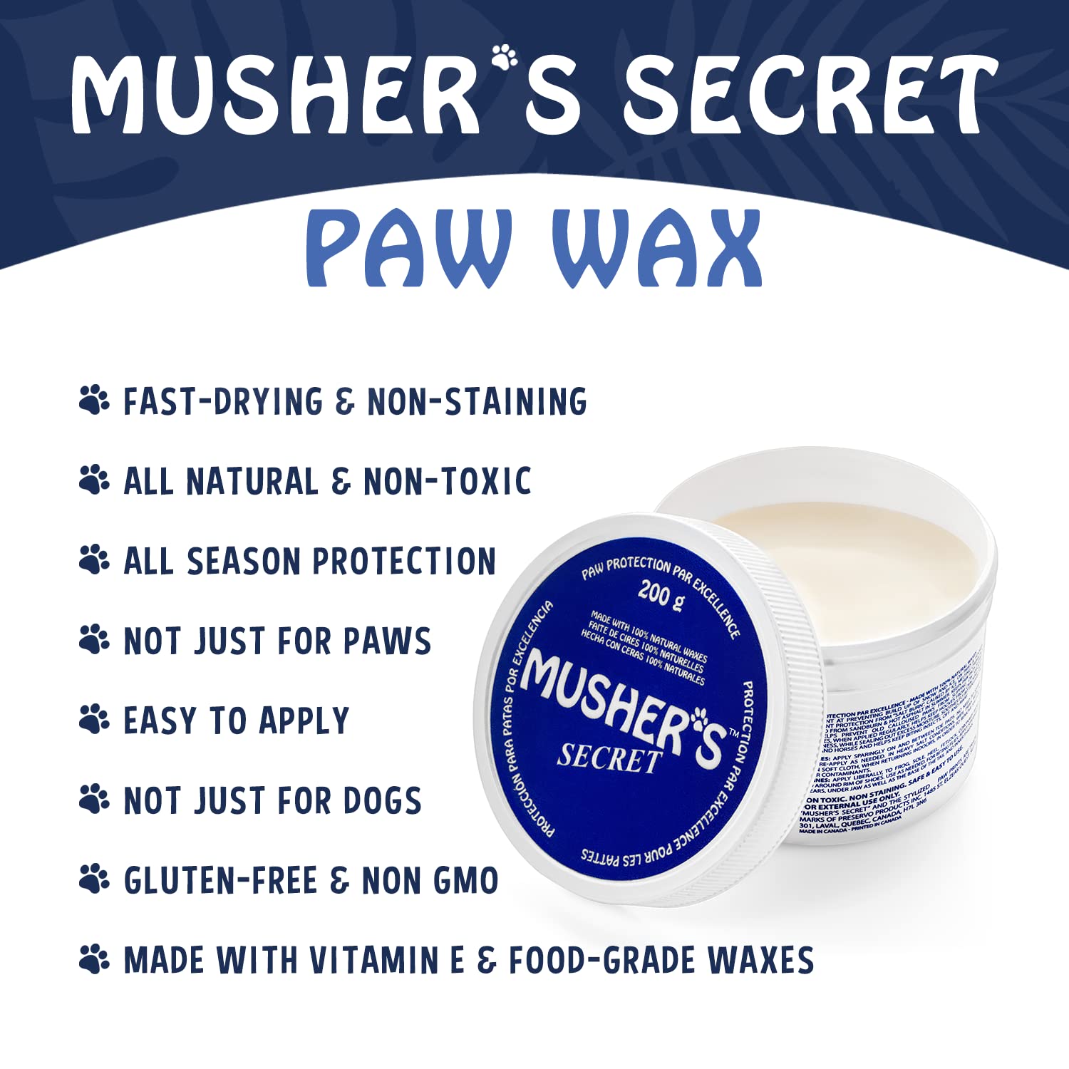 Lick-safe Musher's Secret paw wax ideal for daily paw care during adventures.
