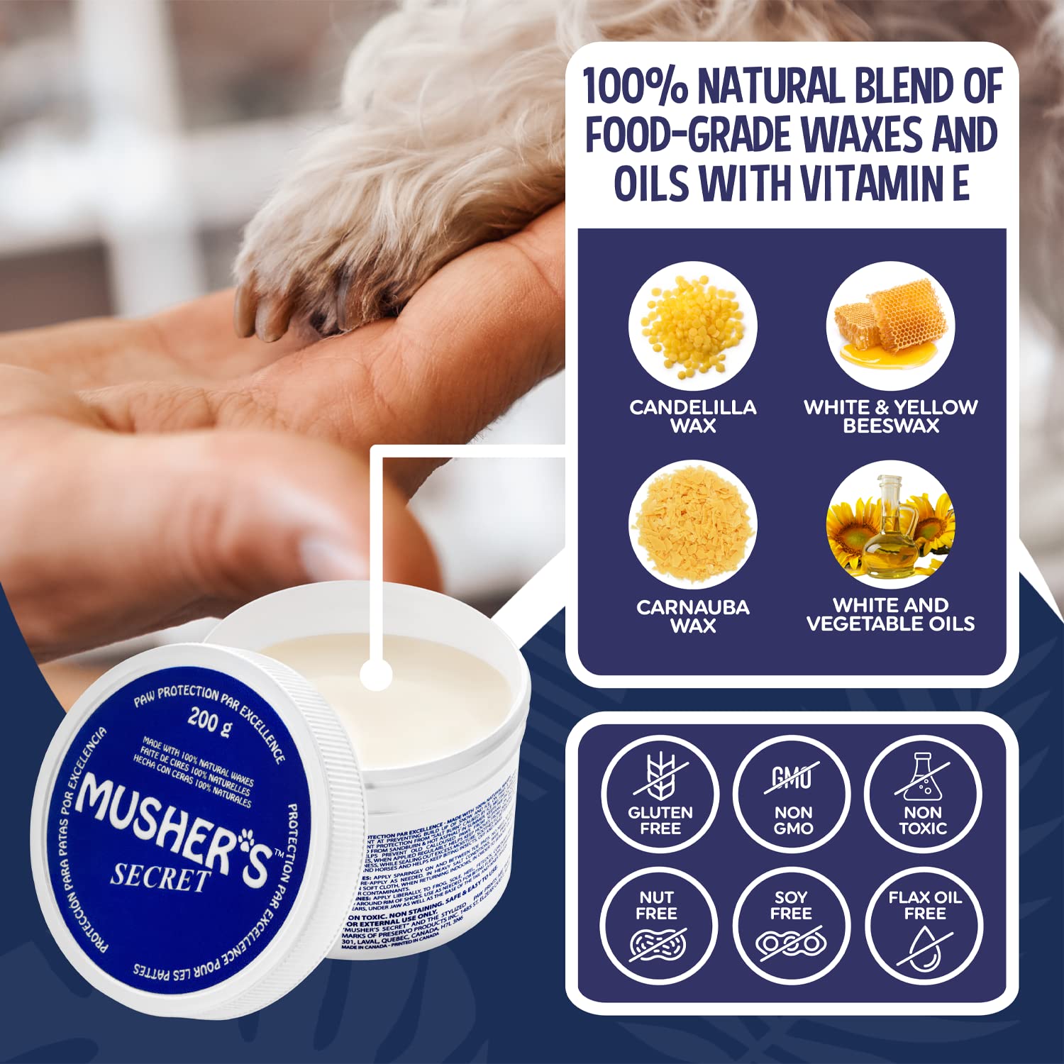 Close-up of Musher's Secret 200g jar highlighting creamy, lick-safe formula.