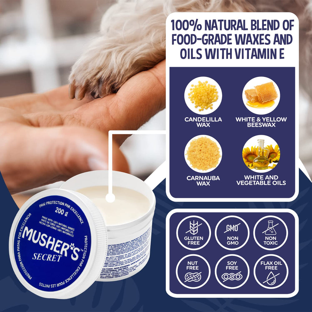 Close-up of Musher's Secret 200g jar highlighting creamy, lick-safe formula.