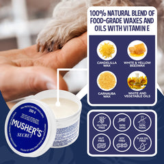 Close-up of Musher's Secret 200g jar highlighting creamy, lick-safe formula.