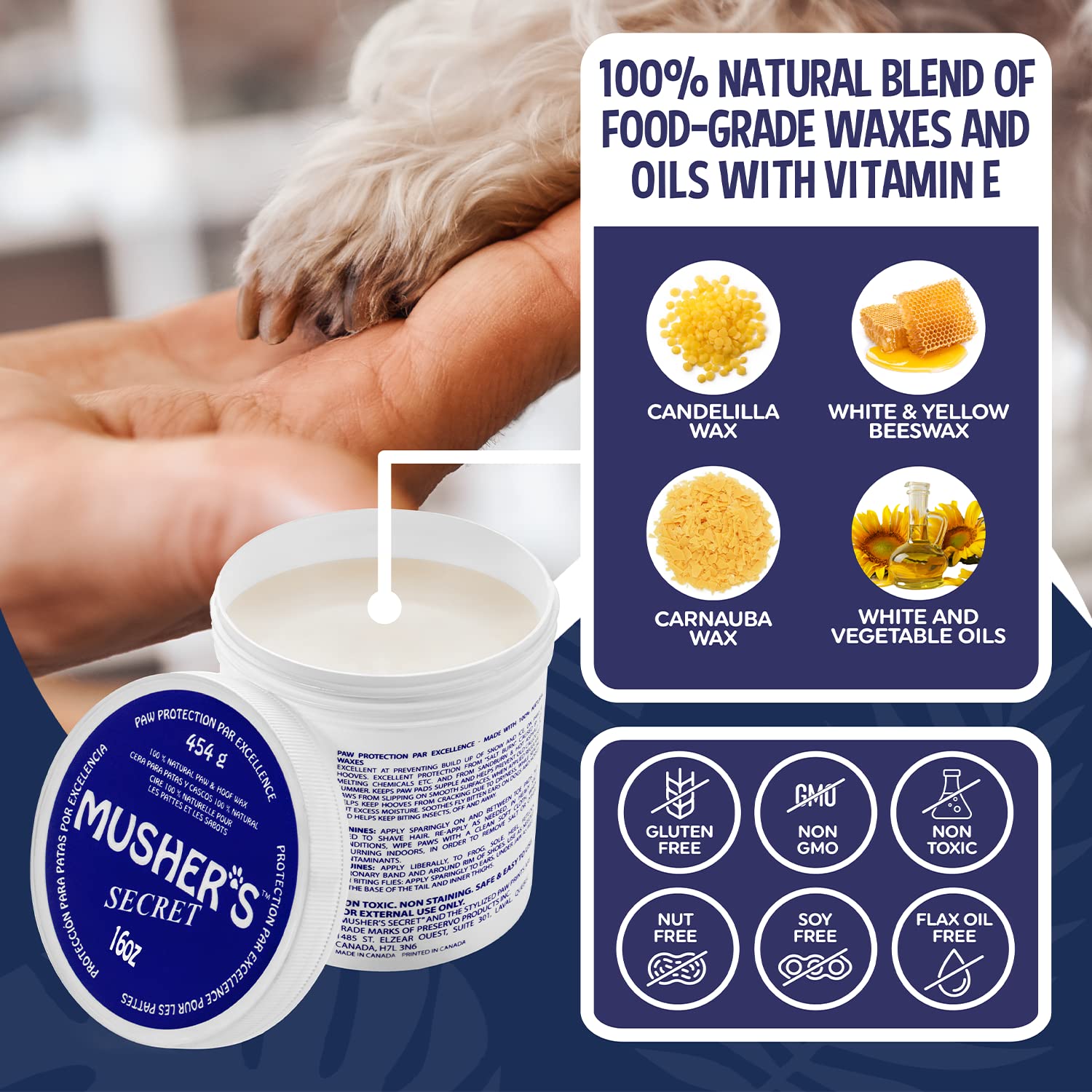 Musher's Secret paw wax ingredients highlight all-natural oils for safe licking.