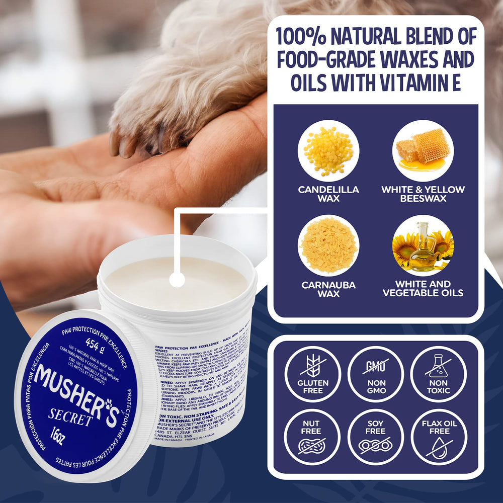 Musher's Secret paw wax ingredients highlight all-natural oils for safe licking.