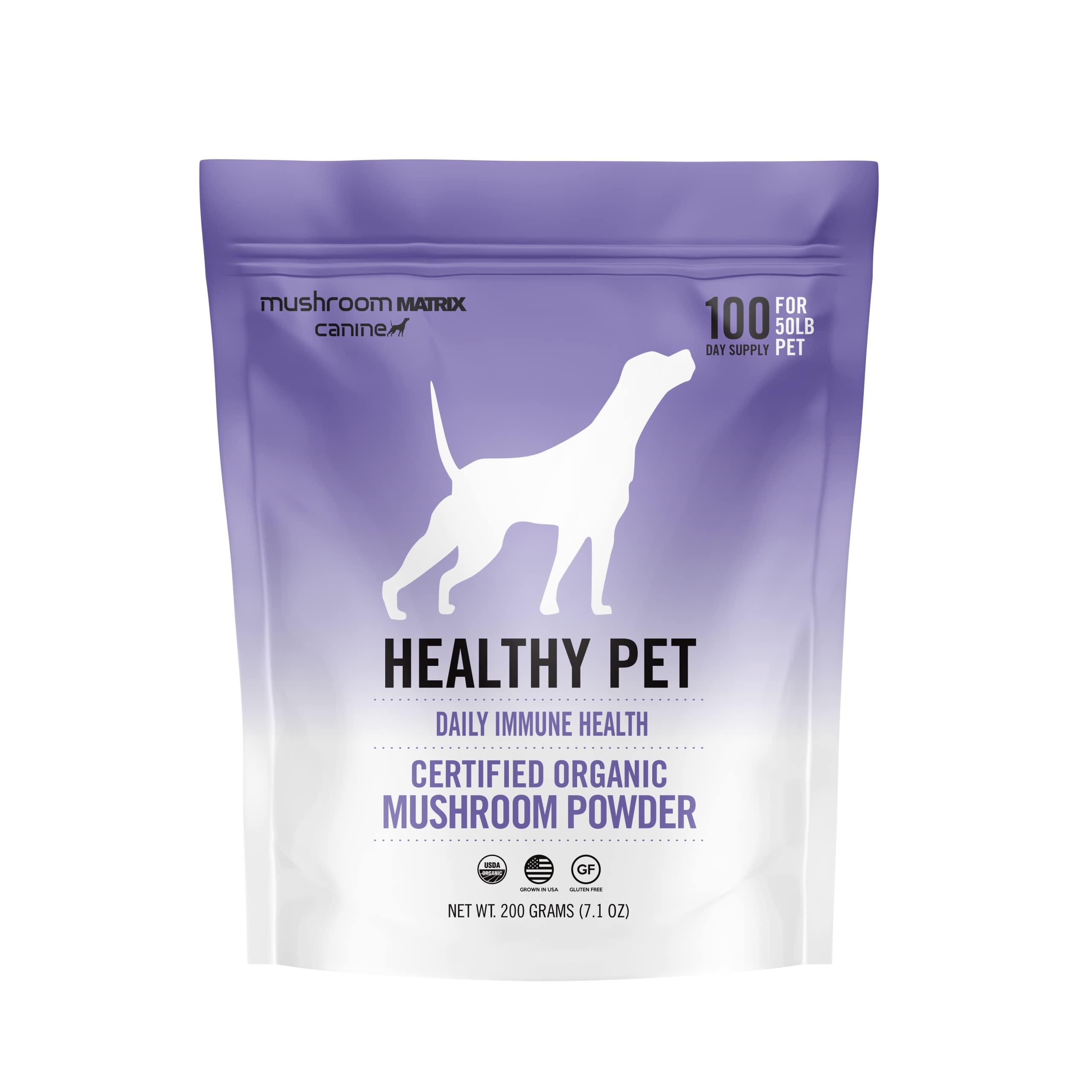 Mushroom Matrix Healthy Pet Powder bottle for daily canine and feline immune support.