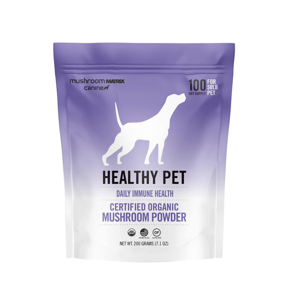 Mushroom Matrix Healthy Pet Powder bottle for daily canine and feline immune support.