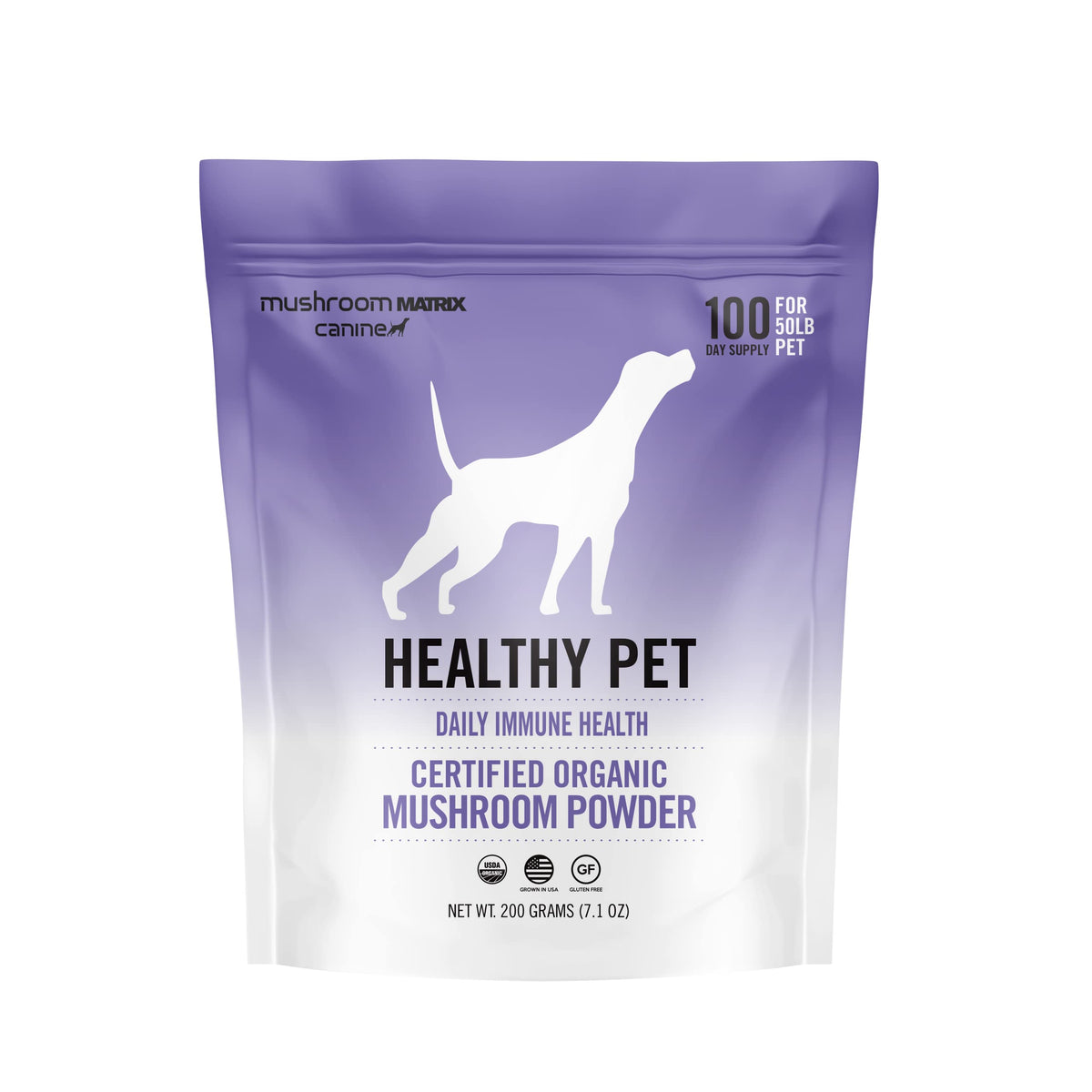 Mushroom Matrix Healthy Pet Powder bottle for daily canine and feline immune support.