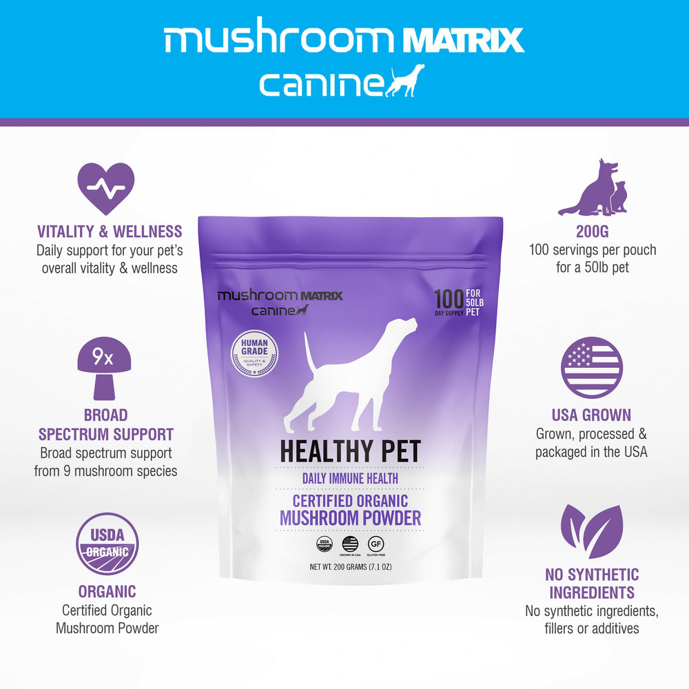 Mushroom Matrix pouch packaging highlighting organic mushrooms.