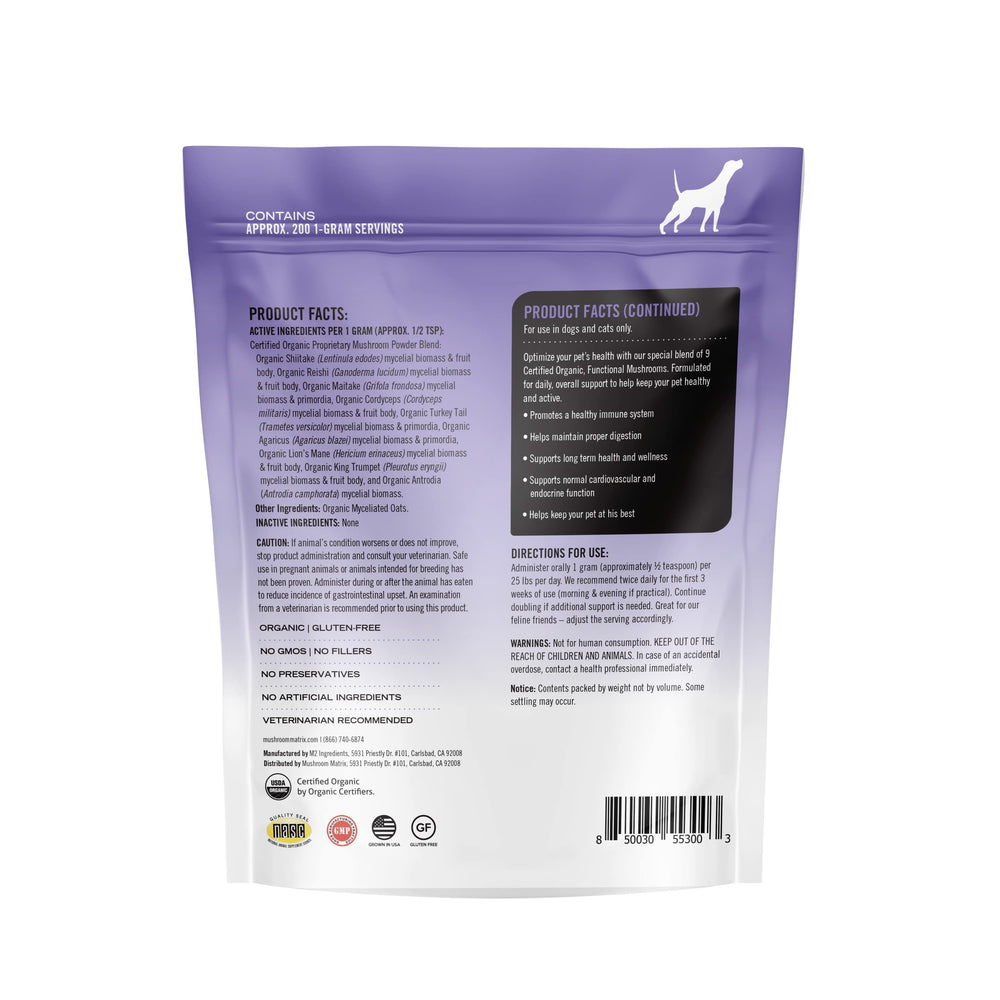 Mushroom Matrix Healthy Pet Powder scoop showing dose for pets.