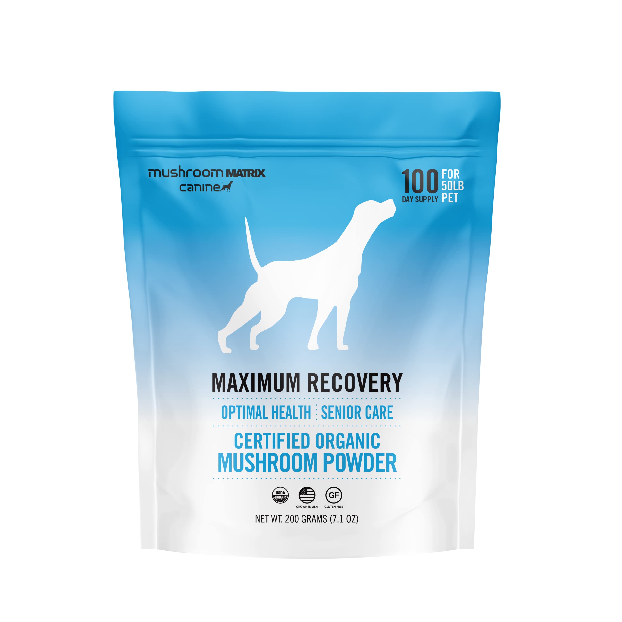 Mushroom Matrix Maximum Recovery powder packaging for senior pets.