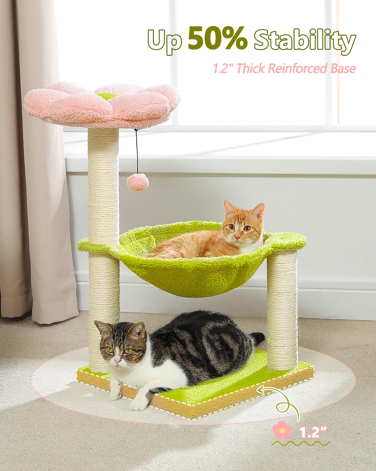 MUTTROS Flower Cat Tree base stability reduces tipping during climbing.