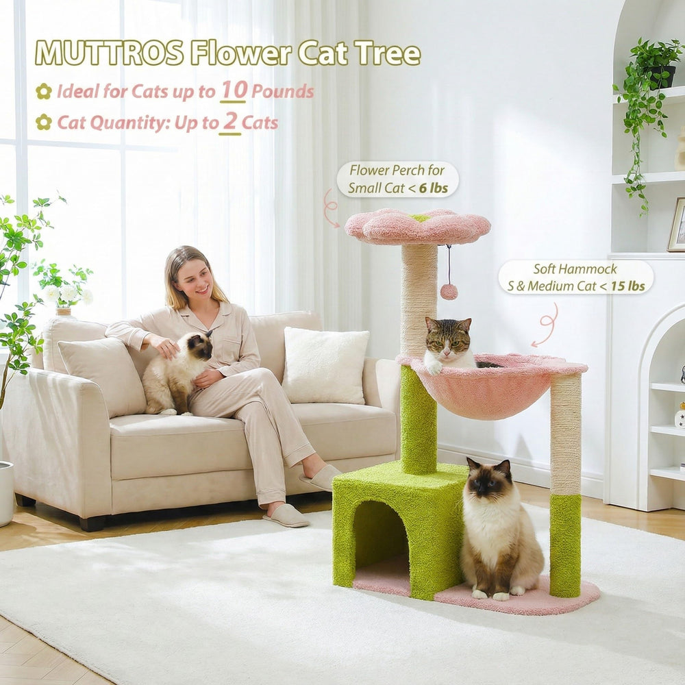 MUTTROS Flower Cat Tree Hammock offers cozy lounging amid play.