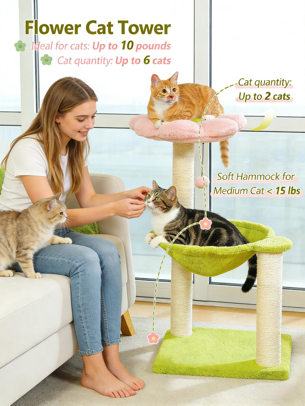 MUTTROS Flower Cat Tree sisal posts satisfy scratching needs.