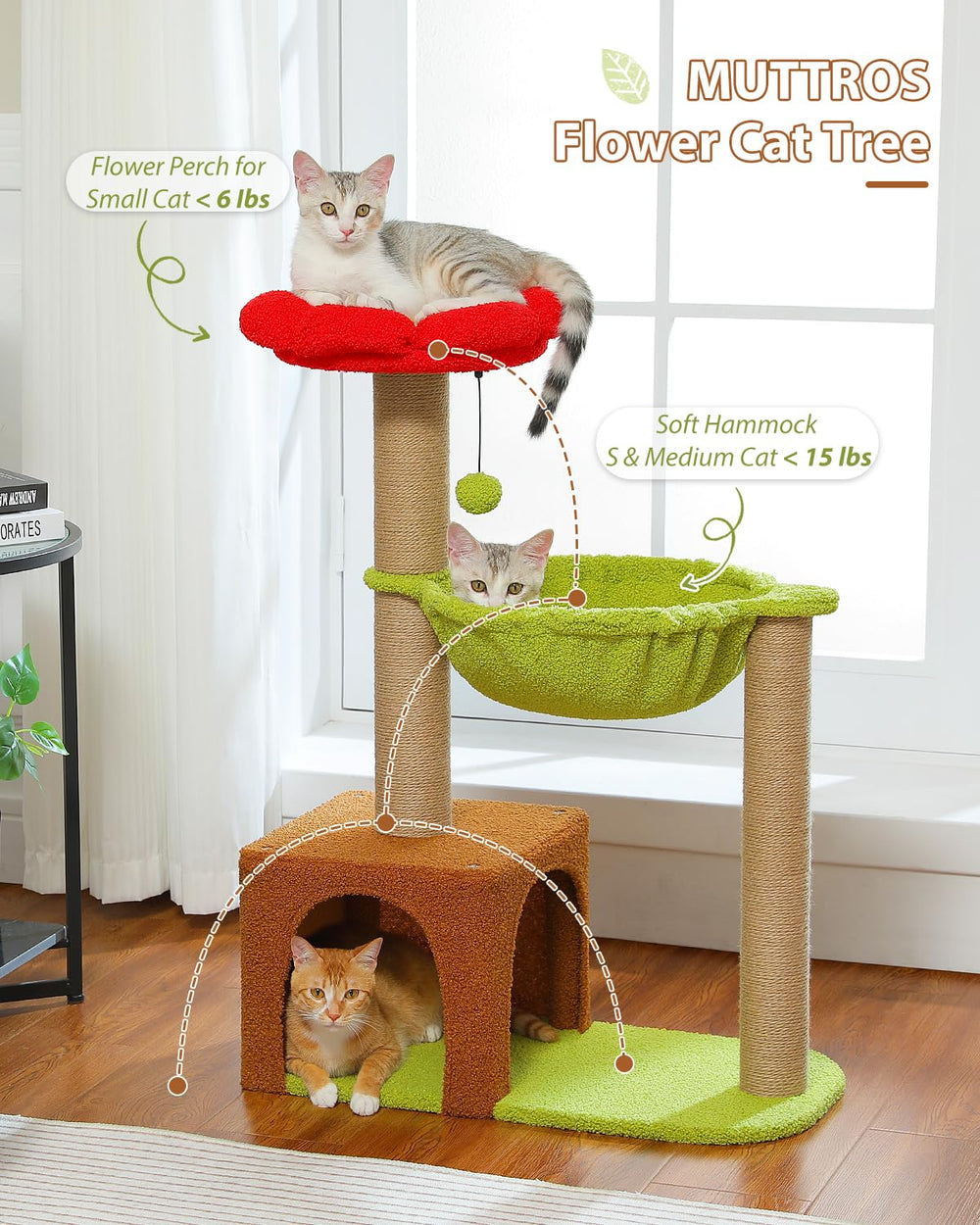 MUTTROS Flower Cat Tree stable base supports safe climbing for small indoor cats.