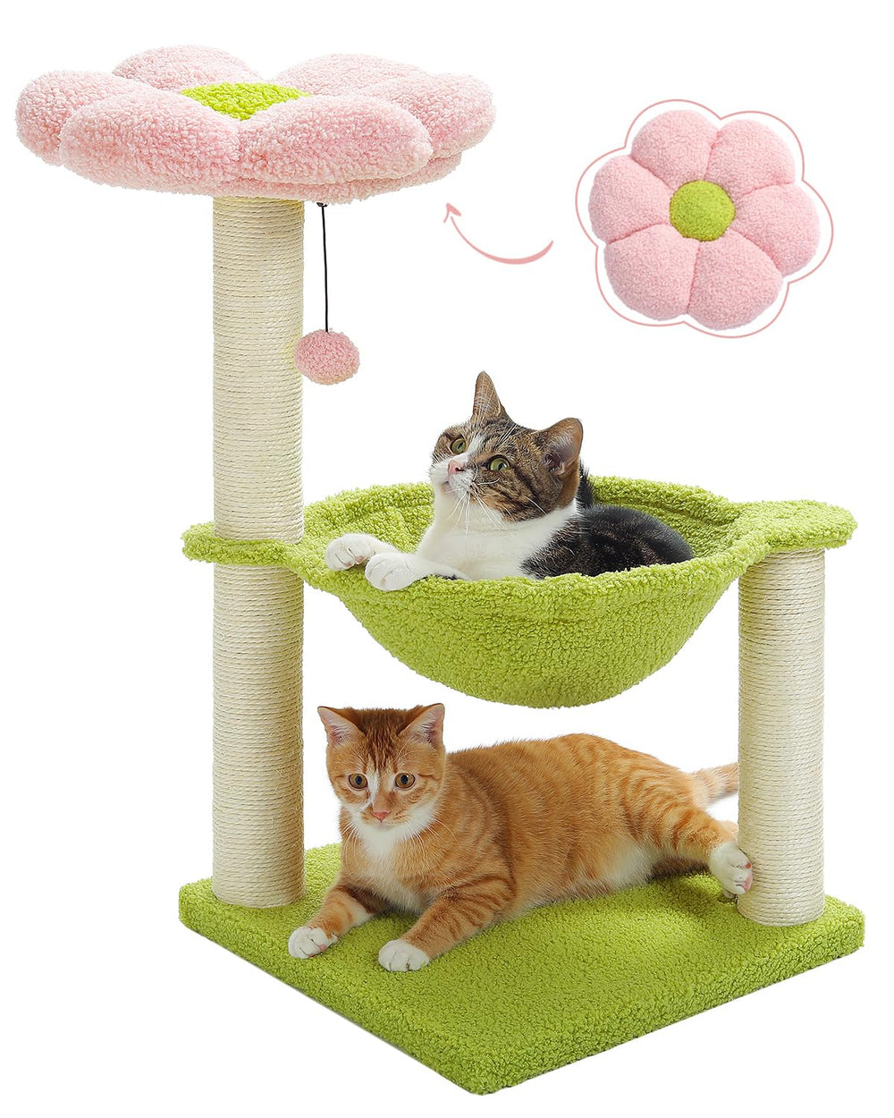 MUTTROS Flower Cat Tree top perch in pink offers a cozy nap spot.