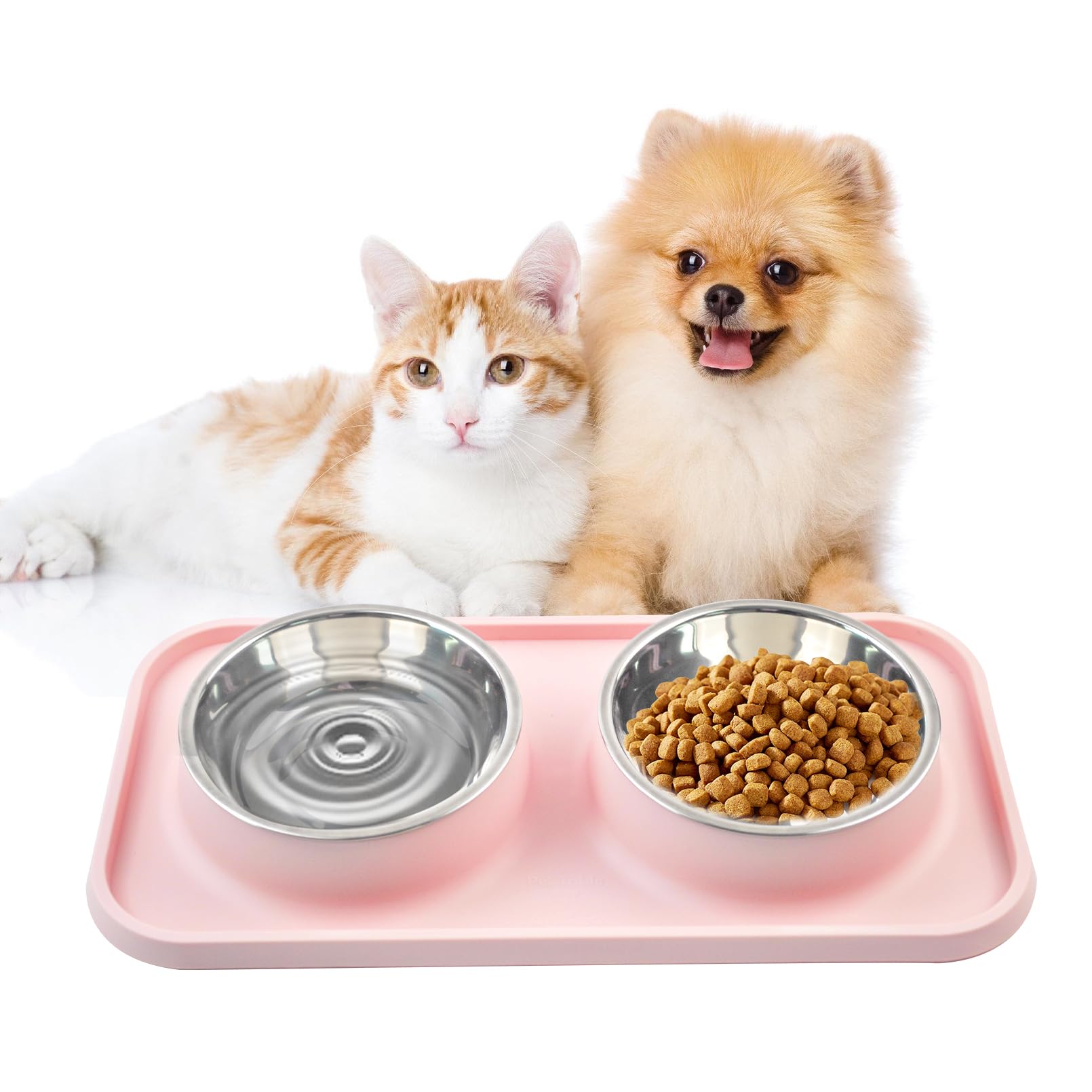 MUYG pink double dog bowls with mat prevent spills for tidy feeding