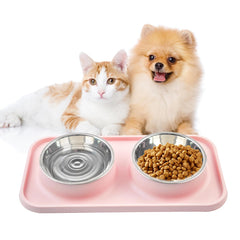 MUYG pink double dog bowls with mat prevent spills for tidy feeding