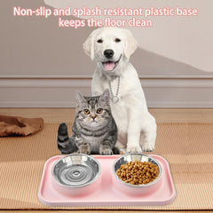 MUYG pink two-bowl set on non-slip mat keeps floors clean