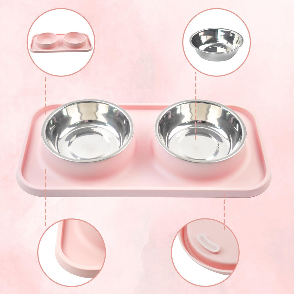 MUYG pink no-spill bowls with dishwasher-safe components for quick cleanup