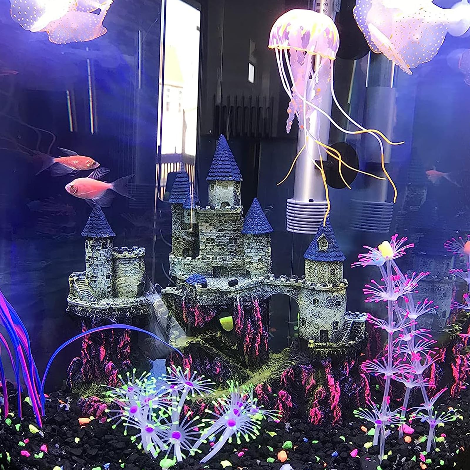 MUYG aquarium castle side view showing double-sided design for placement flexibility