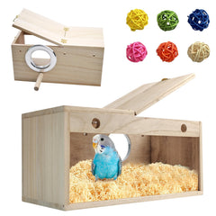 MUYG natural wood nesting box side view with acrylic window for observation