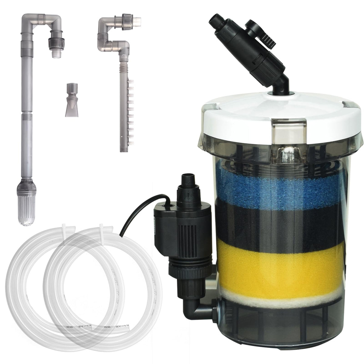 MUZIBAMA 105GPH canister filter front view for crystal-clear tank water.