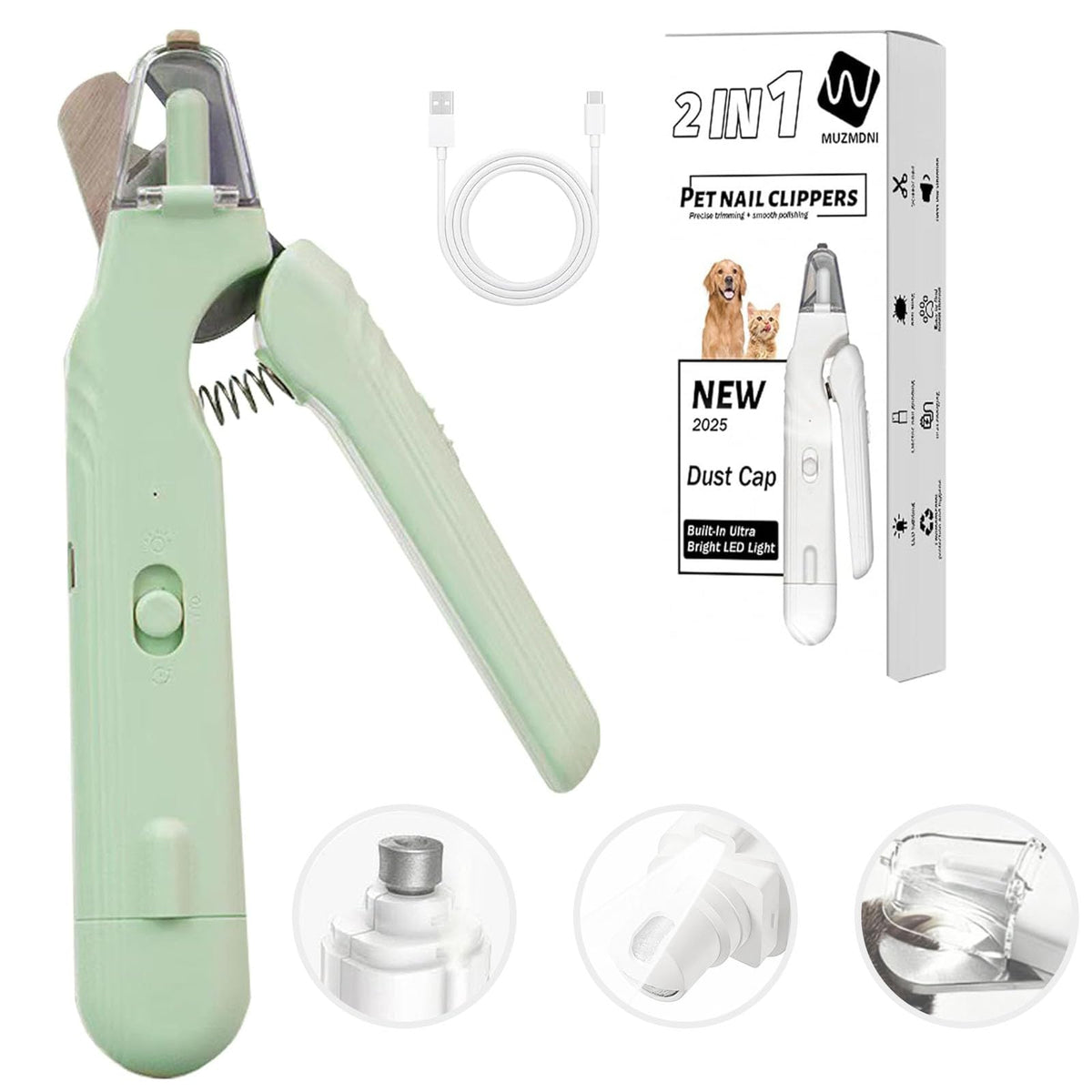 MUZMDNI 2-in-1 dog nail grinder with LED lights green for precise grooming