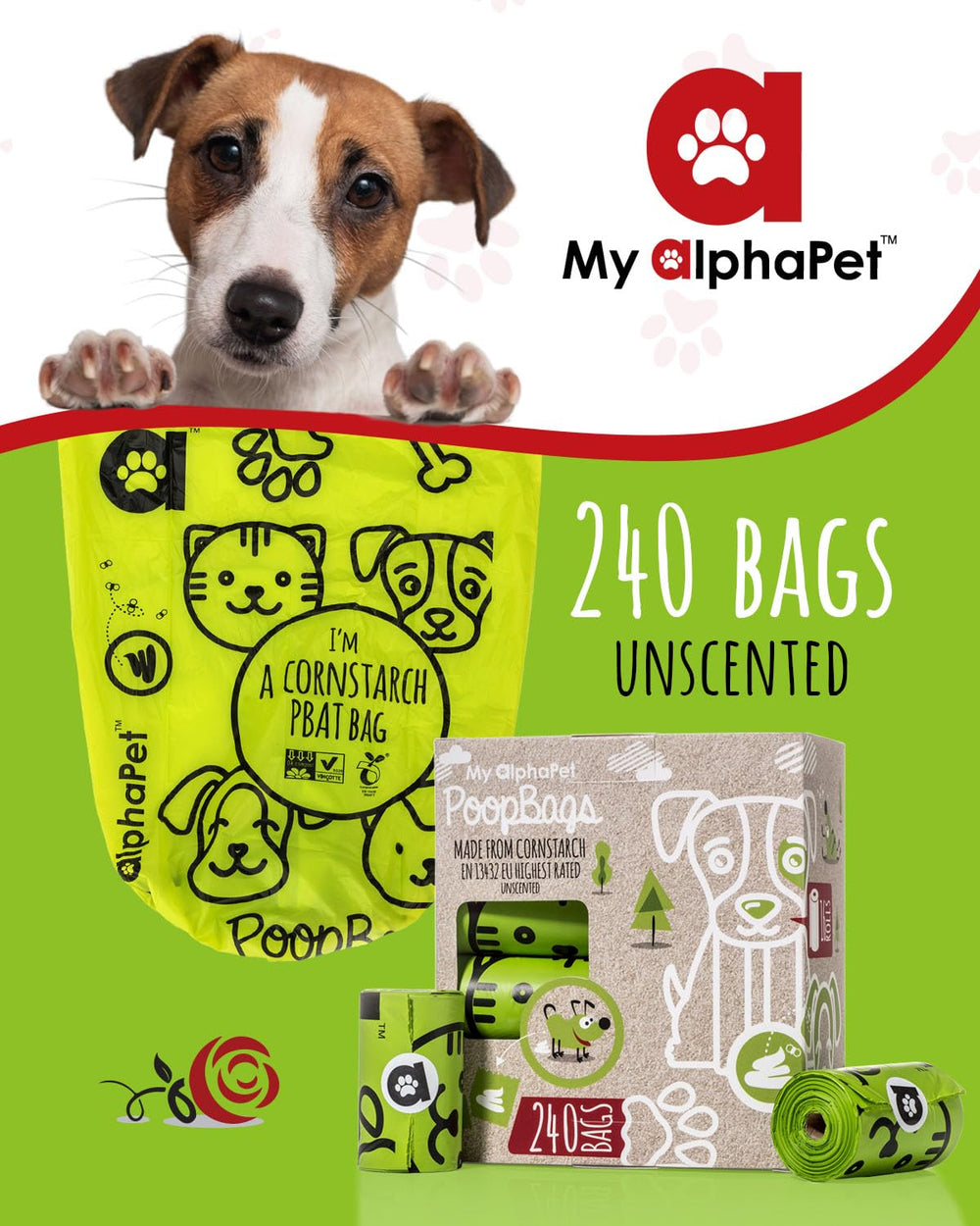 My AlphaPet 240-count bag pack, ready for daily use and home composting.