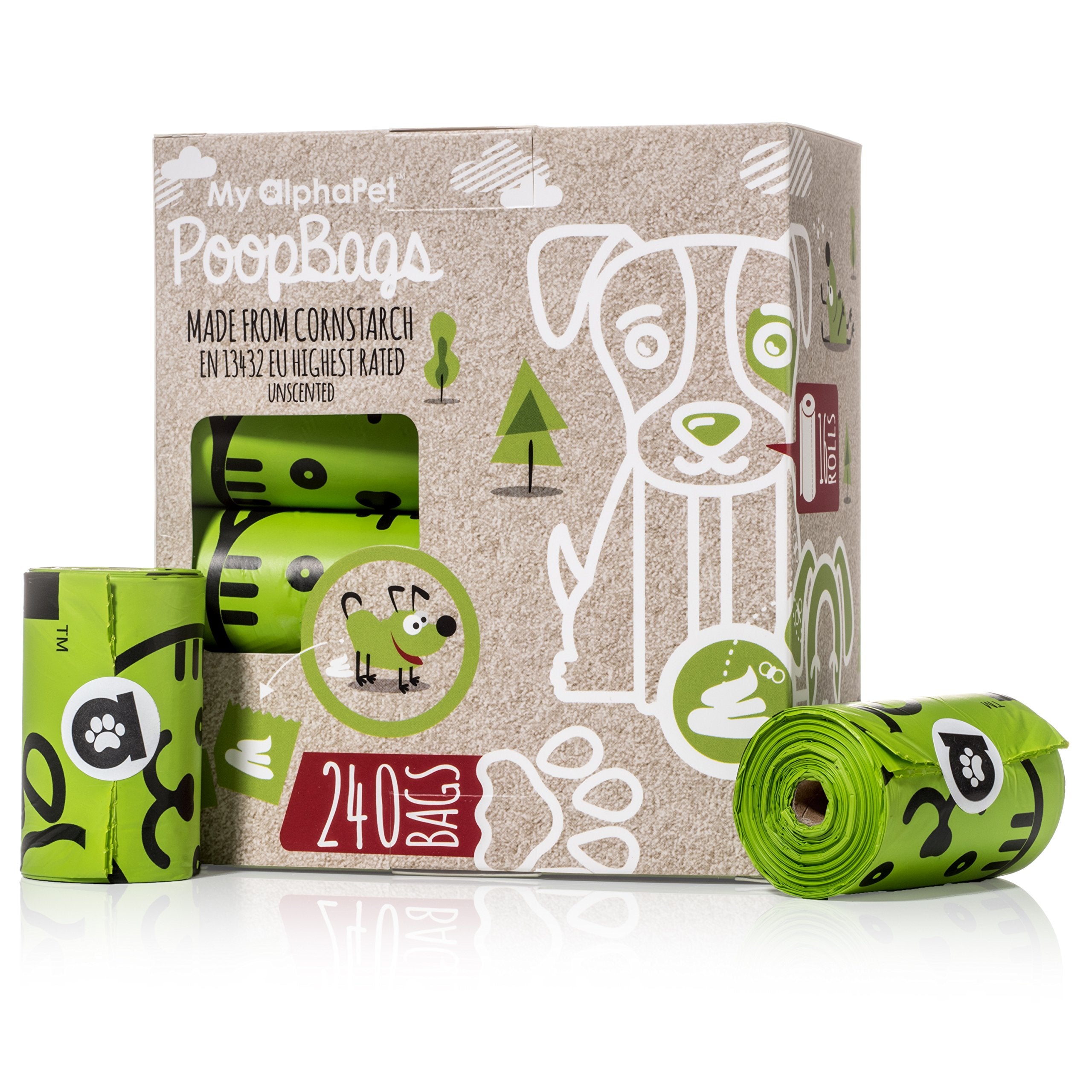 My AlphaPet compostable dog poop bags roll, unscented, ideal for mess-free walks.