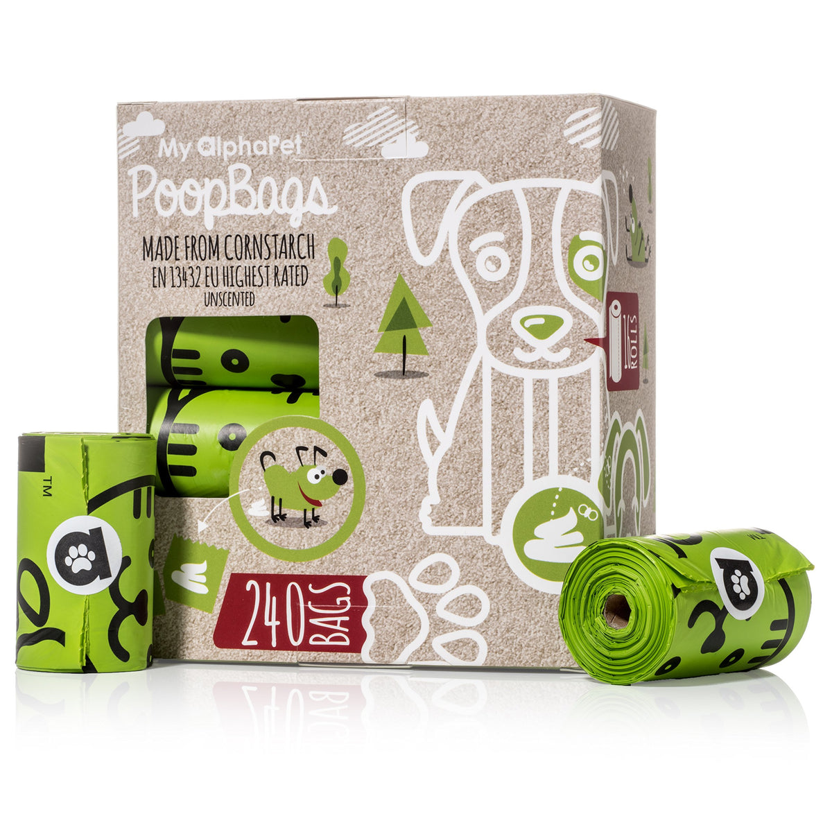 My AlphaPet compostable dog poop bags roll, unscented, ideal for mess-free walks.