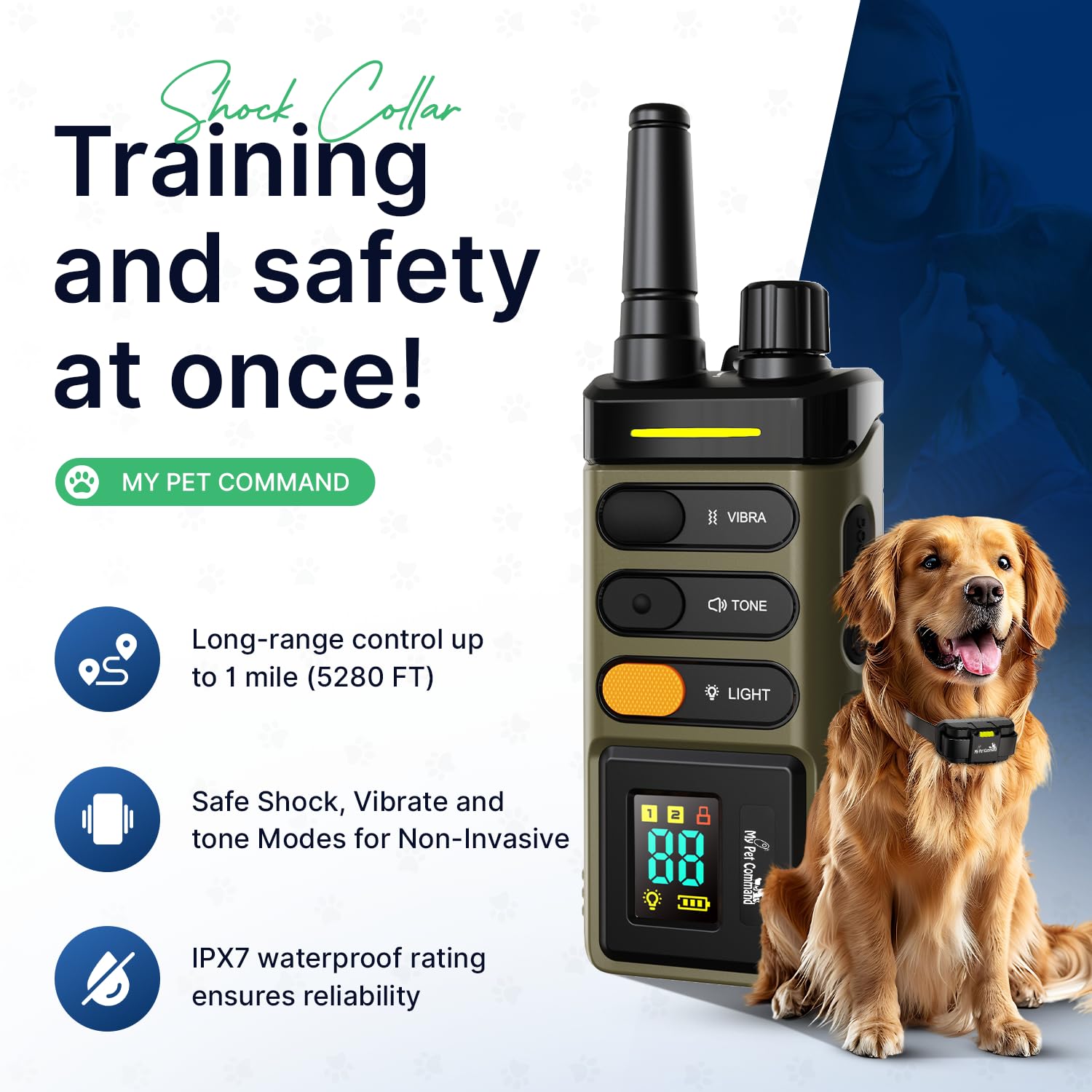 My Pet Command remote with beacon light aiding night visibility for dogs.