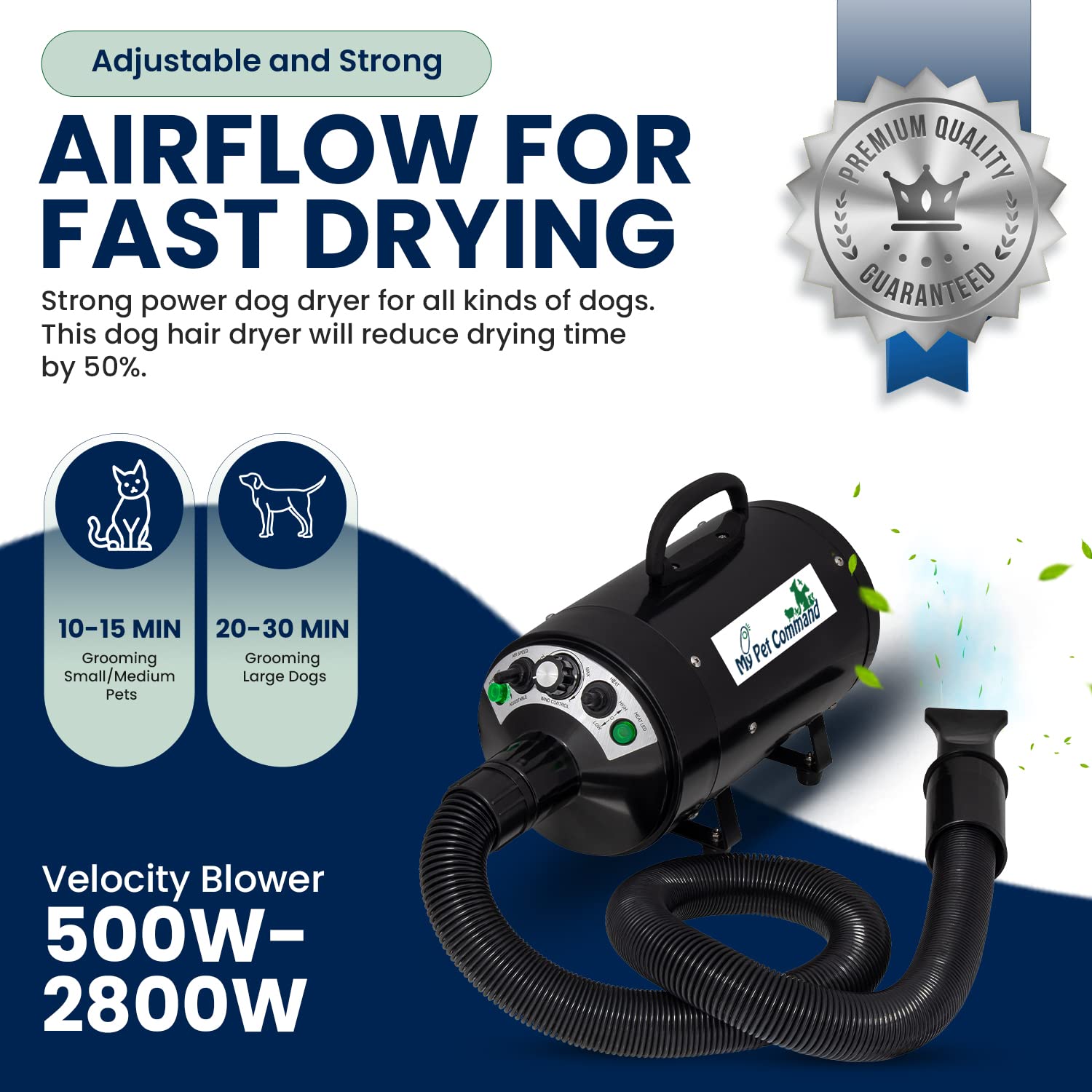My Pet Command dog dryer blower operates quietly for calmer grooming