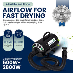 My Pet Command dog dryer blower operates quietly for calmer grooming