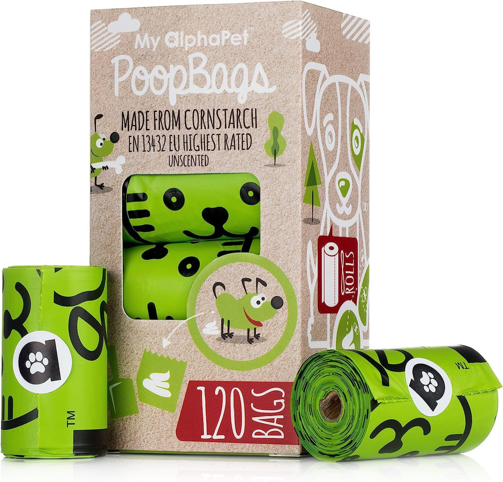 My AlphaPet compostable dog poop bags roll for mess-free cleanup on walks