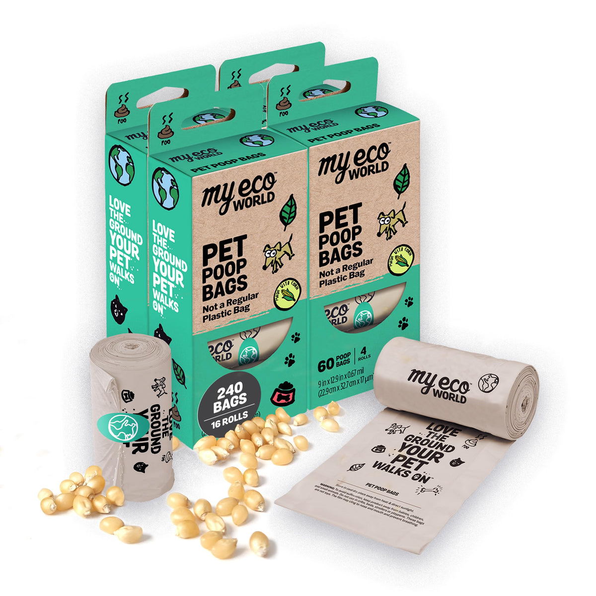 MyEcoWorld compostable dog poop bags 240-count in a convenient roll for daily walks.
