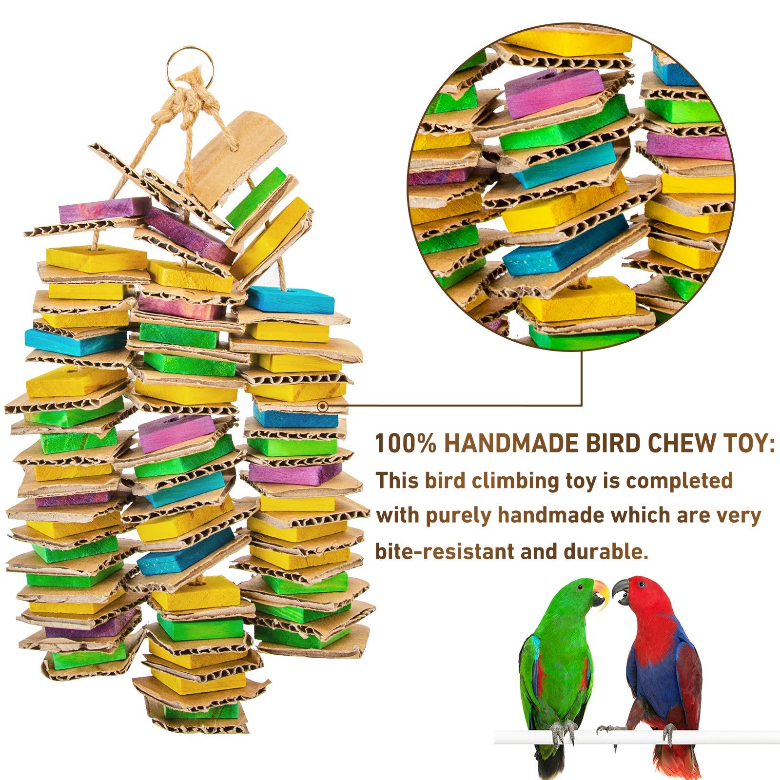 Durable materials provide long-lasting play for medium birds.