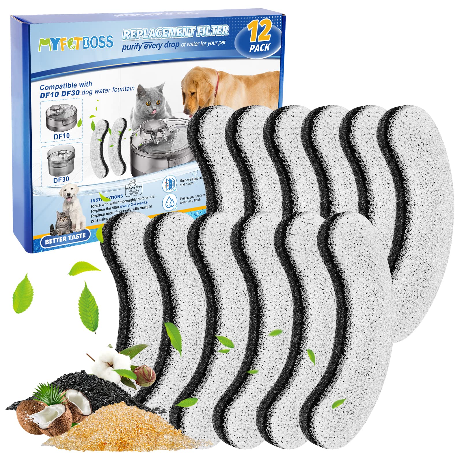 MyfatBOSS DF10/DF30 filter packaging shows a 12-pack for pet fountains.