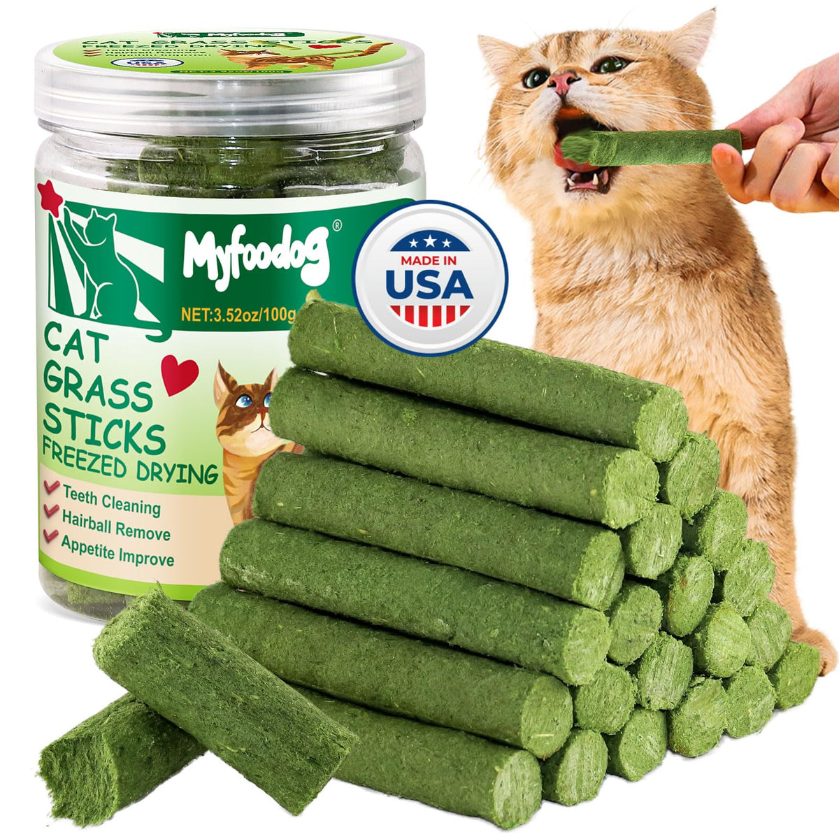 Myfoodog Freezed Drying Cat Grass Stick packaging highlights USA-made quality.
