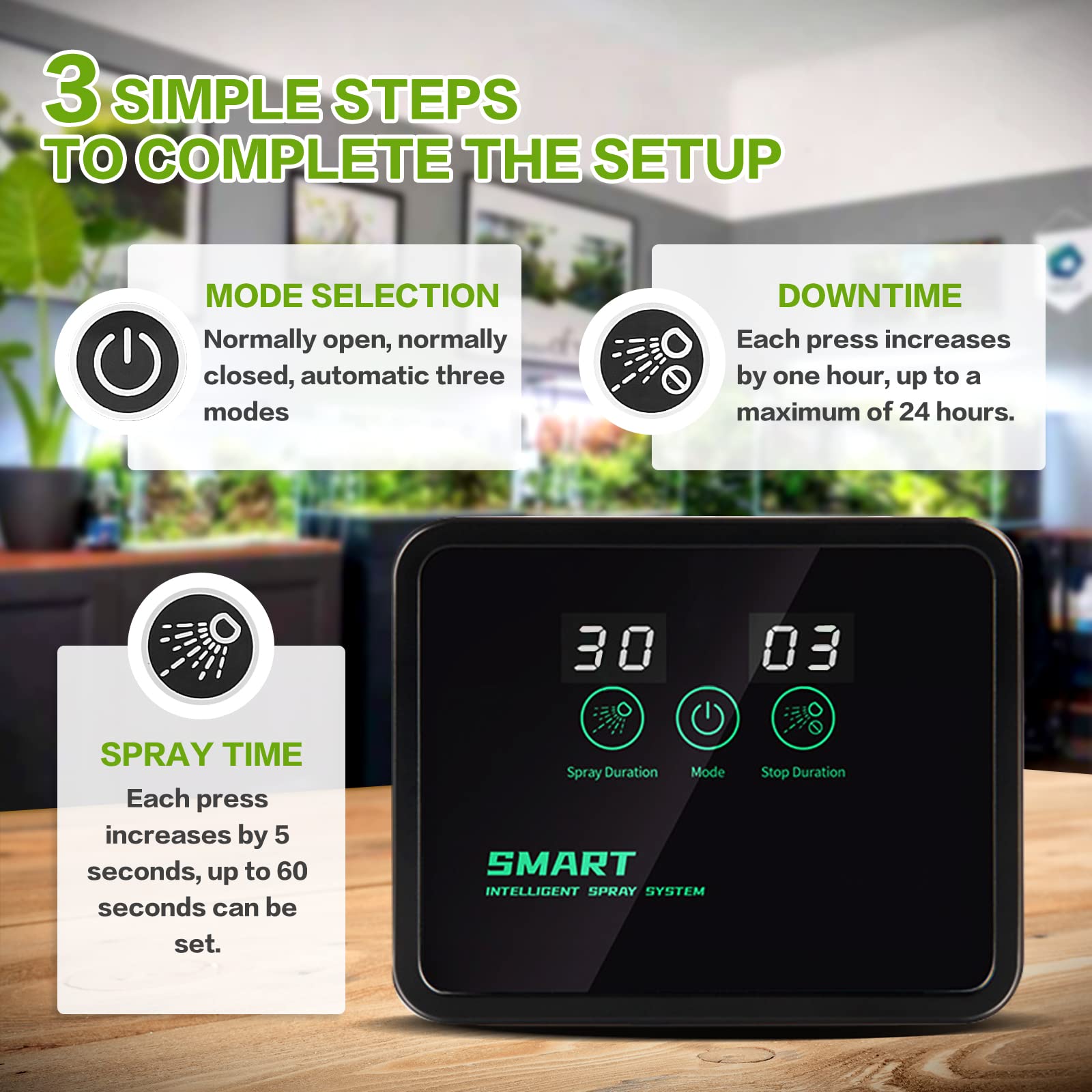 MYGIIKAKA Reptile Fogger timer settings shown for cycle spraying