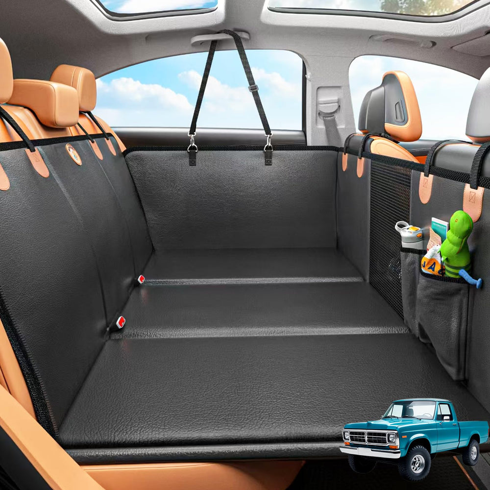 MYJAQI back seat extender in a truck offers extra space for dogs.