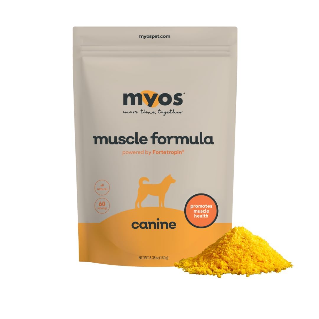 MYOS Canine Muscle Formula bottle on counter supports aging dog muscle health.