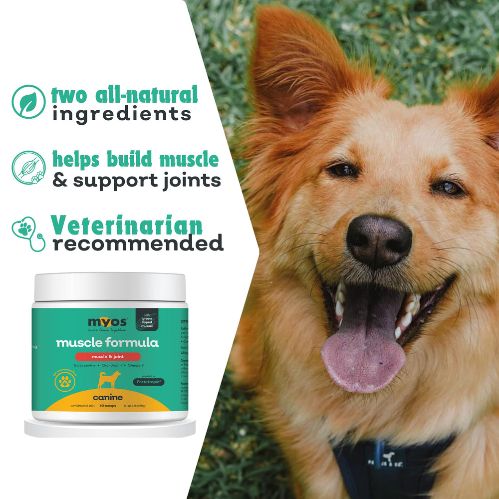 MYOS Canine Muscle Formula label close-up highlighting Fortetropin and natural ingredients.