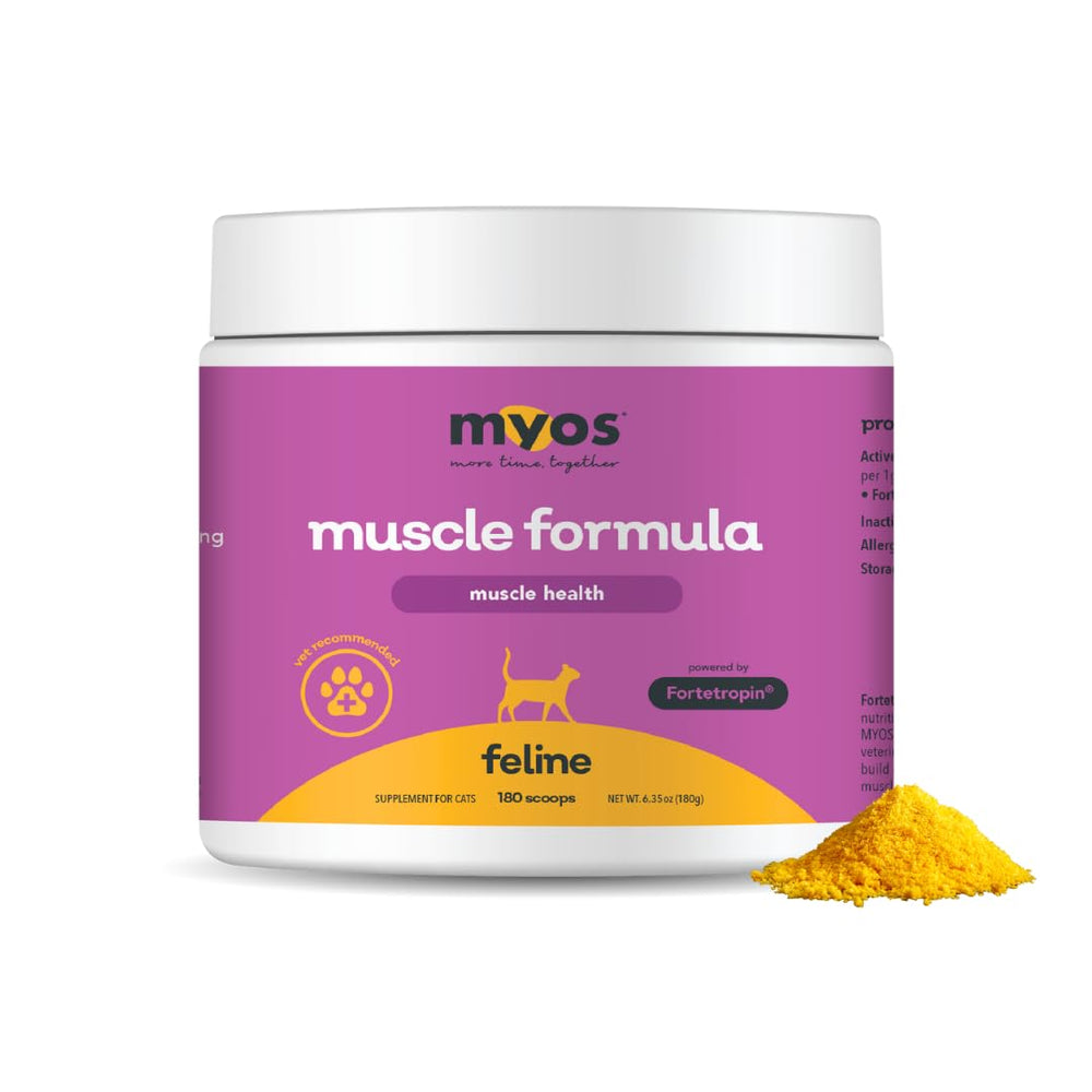 MYOS Feline Muscle Formula bottle label highlights senior-friendly dosage for mobility support.