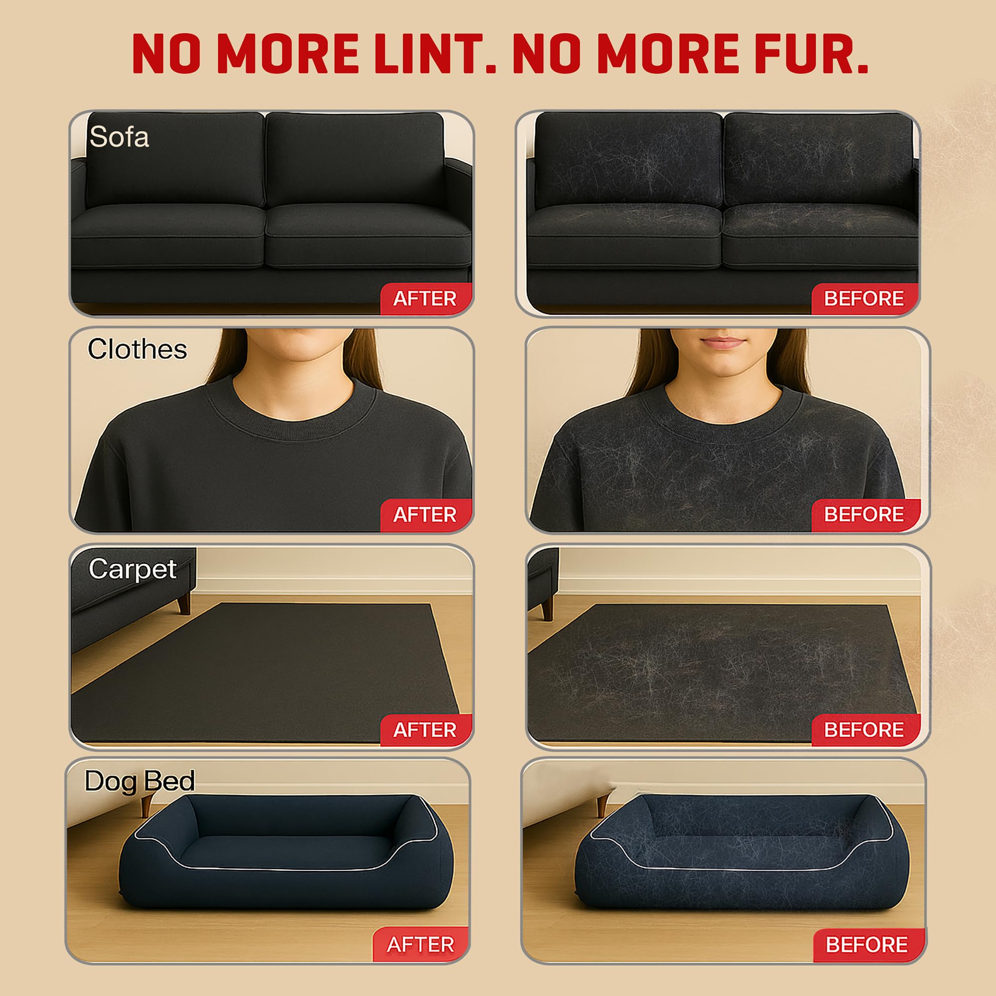 MyPera glove cleaning a sofa to remove pet fur quickly and gently.