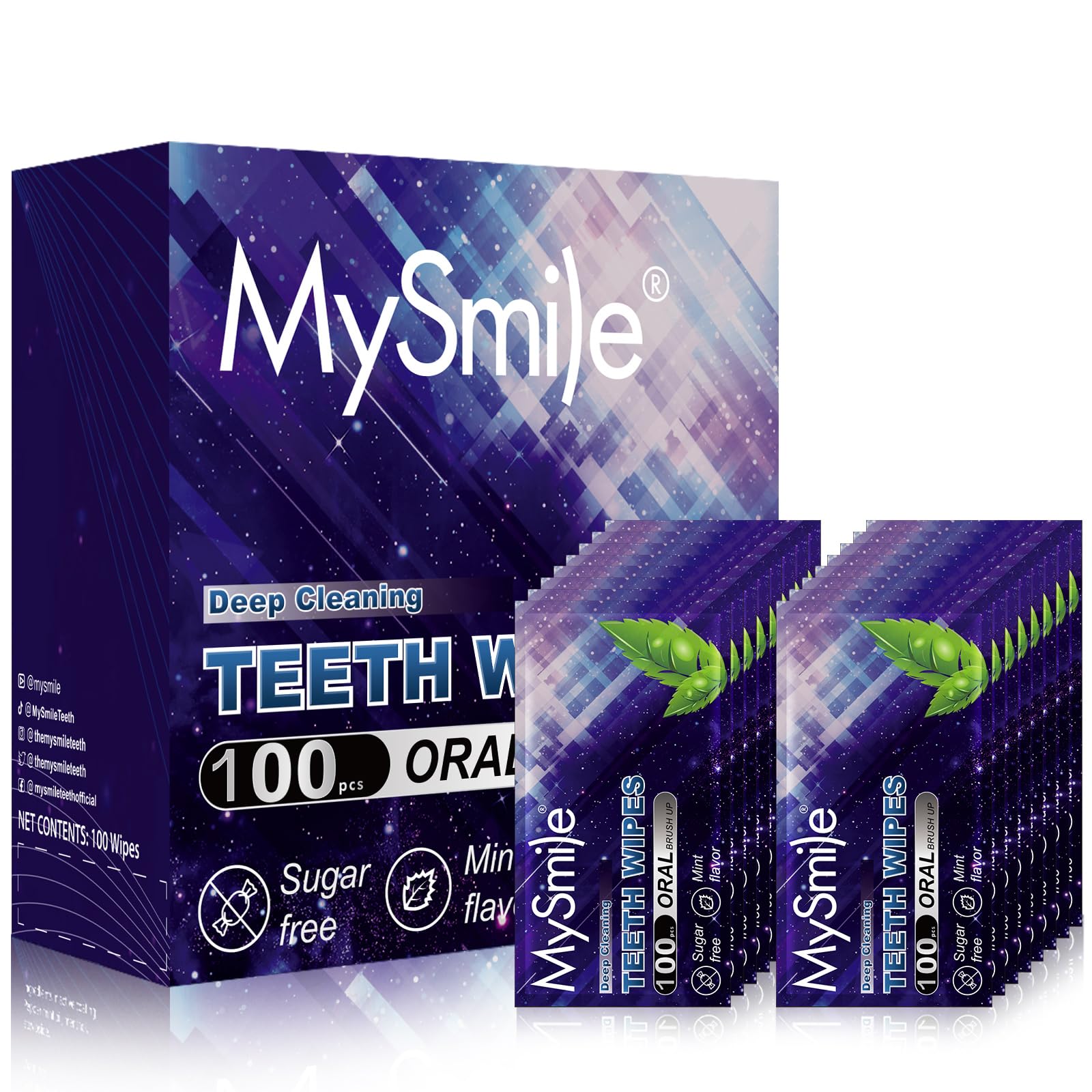 MySmile Teeth Wipes 100pcs, individually wrapped for easy travel cleaning.