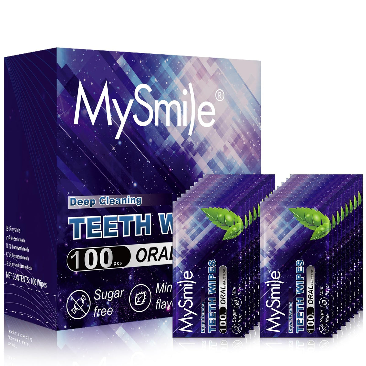 MySmile Teeth Wipes 100pcs, individually wrapped for easy travel cleaning.