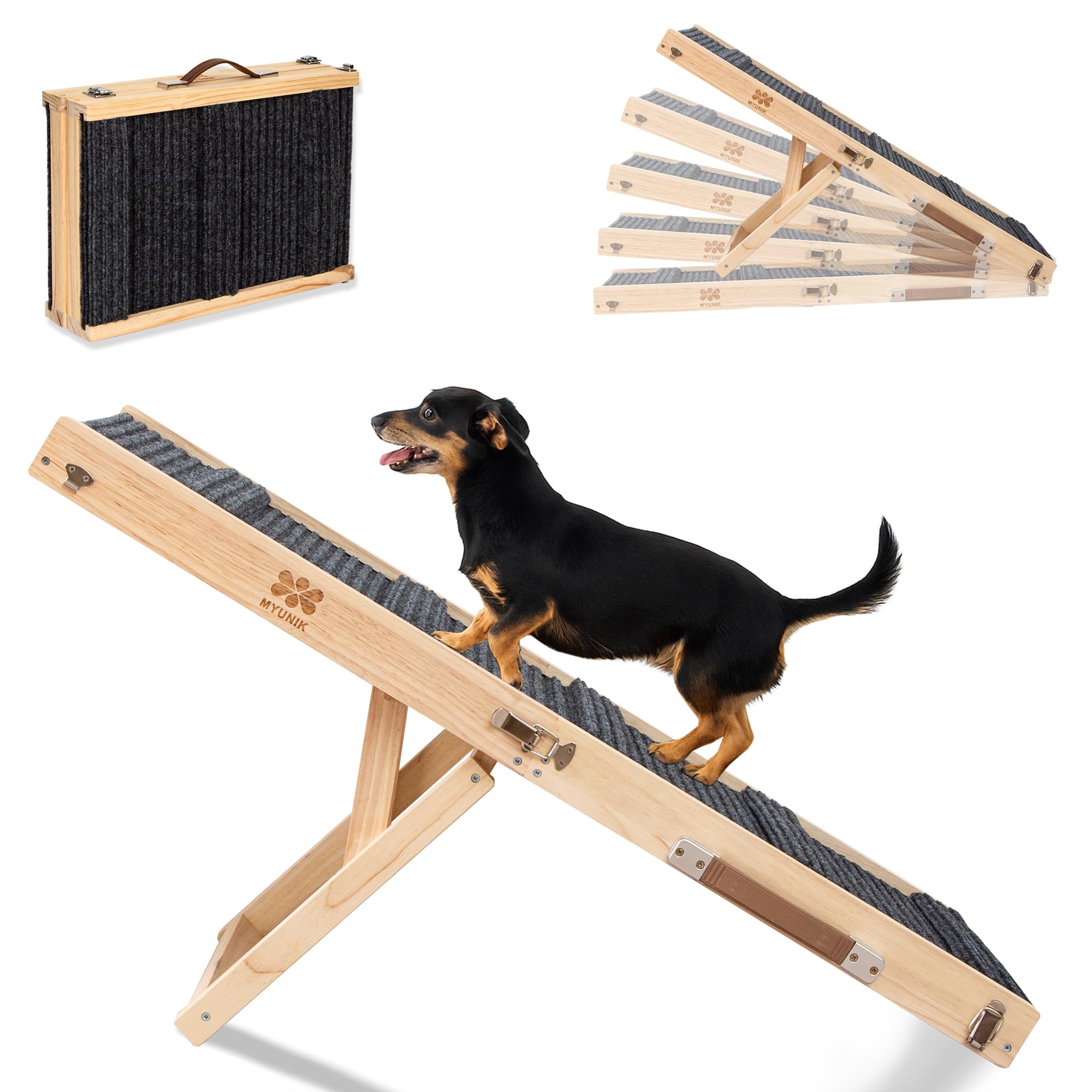 MYUNIK adjustable dog ramp on bed with 5 height levels for easy pet access